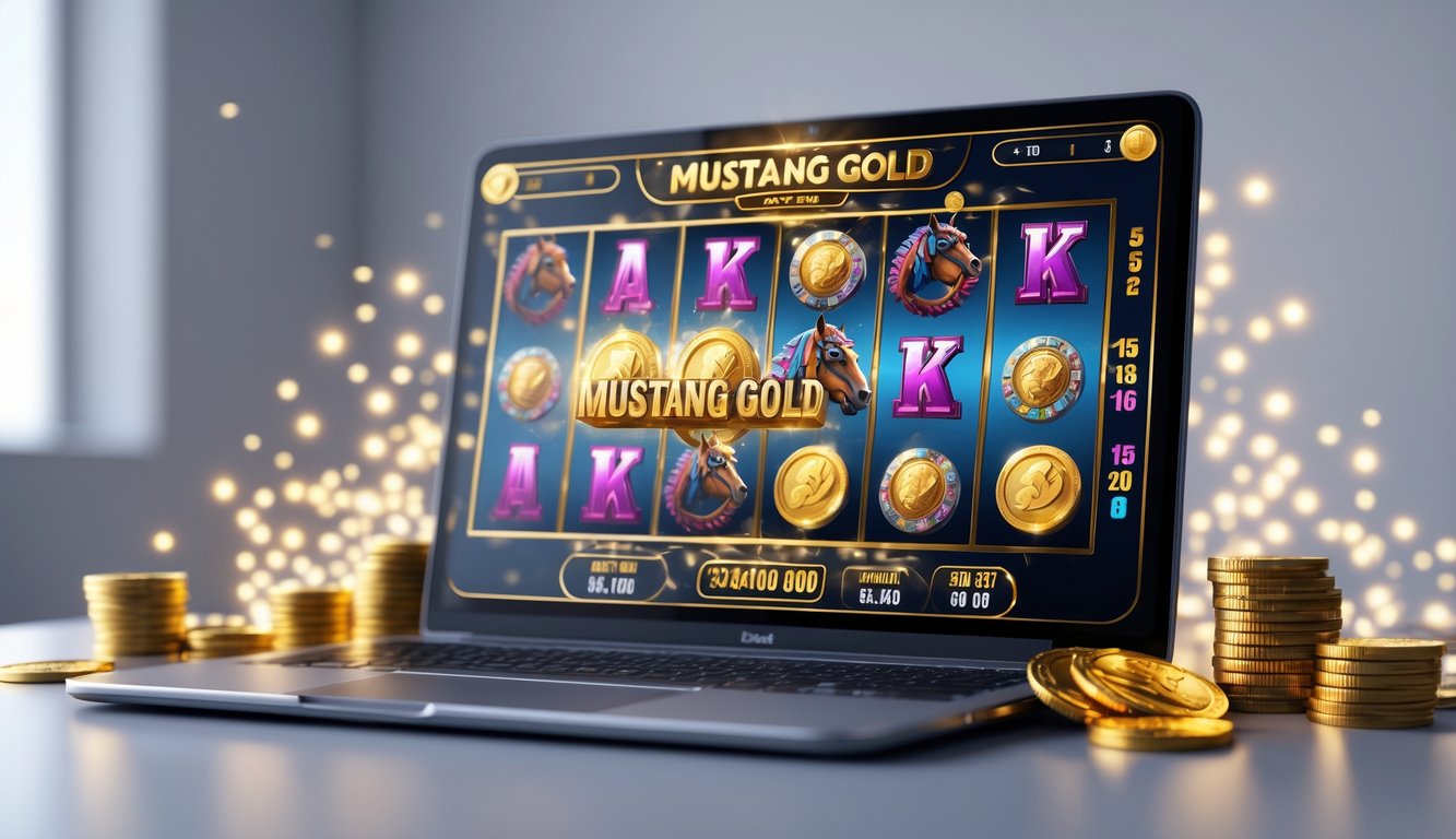 Sebuah layar komputer menampilkan permainan slot online bertema kuda Mustang dengan koin emas dan simbol jackpot yang bersinar.