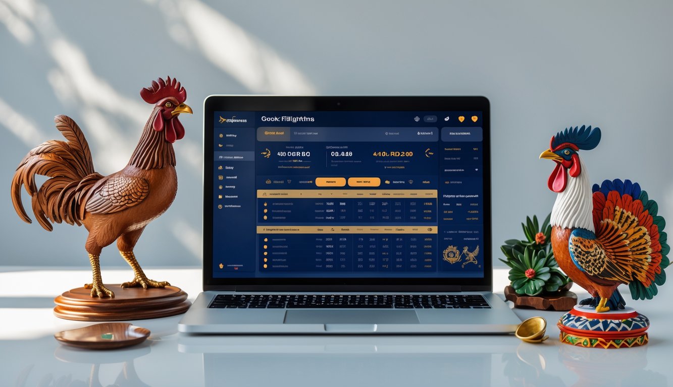 Meja kerja dengan laptop yang menampilkan platform taruhan sabung ayam online dan hiasan tradisional Filipina di sekitarnya.
