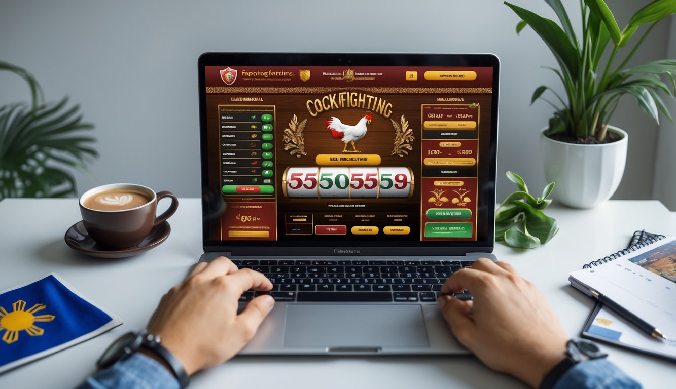 Seseorang menggunakan komputer dengan layar menampilkan situs taruhan sabung ayam Filipina secara online di ruang kerja yang rapi.