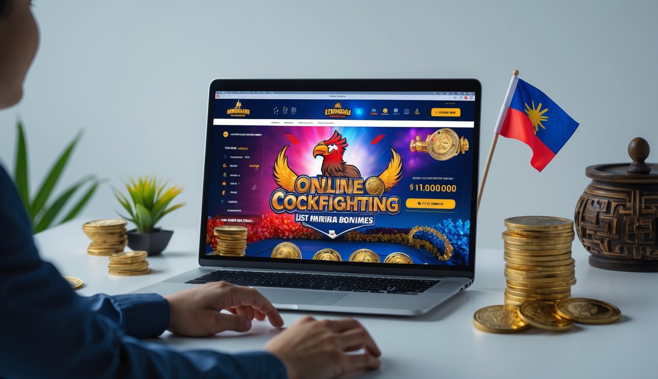 Seseorang menggunakan komputer dengan tampilan situs web terkait sabung ayam online di lingkungan kerja yang rapi dan profesional.