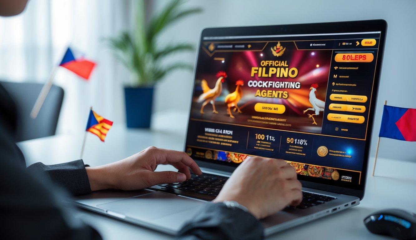 Seseorang menggunakan komputer di meja kerja dengan latar belakang elemen budaya Filipina yang halus.