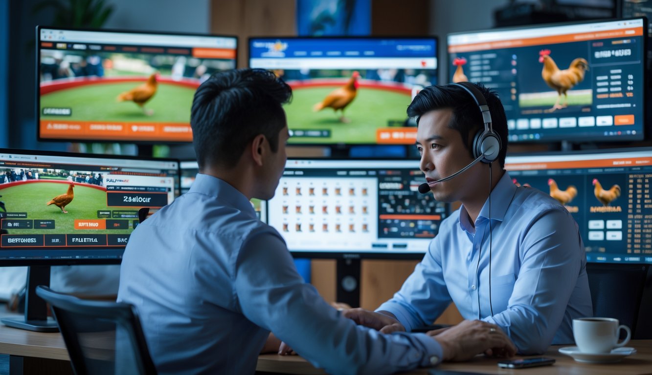 Seorang pria duduk di depan komputer dengan beberapa layar yang menampilkan siaran langsung sabung ayam dan aplikasi taruhan.