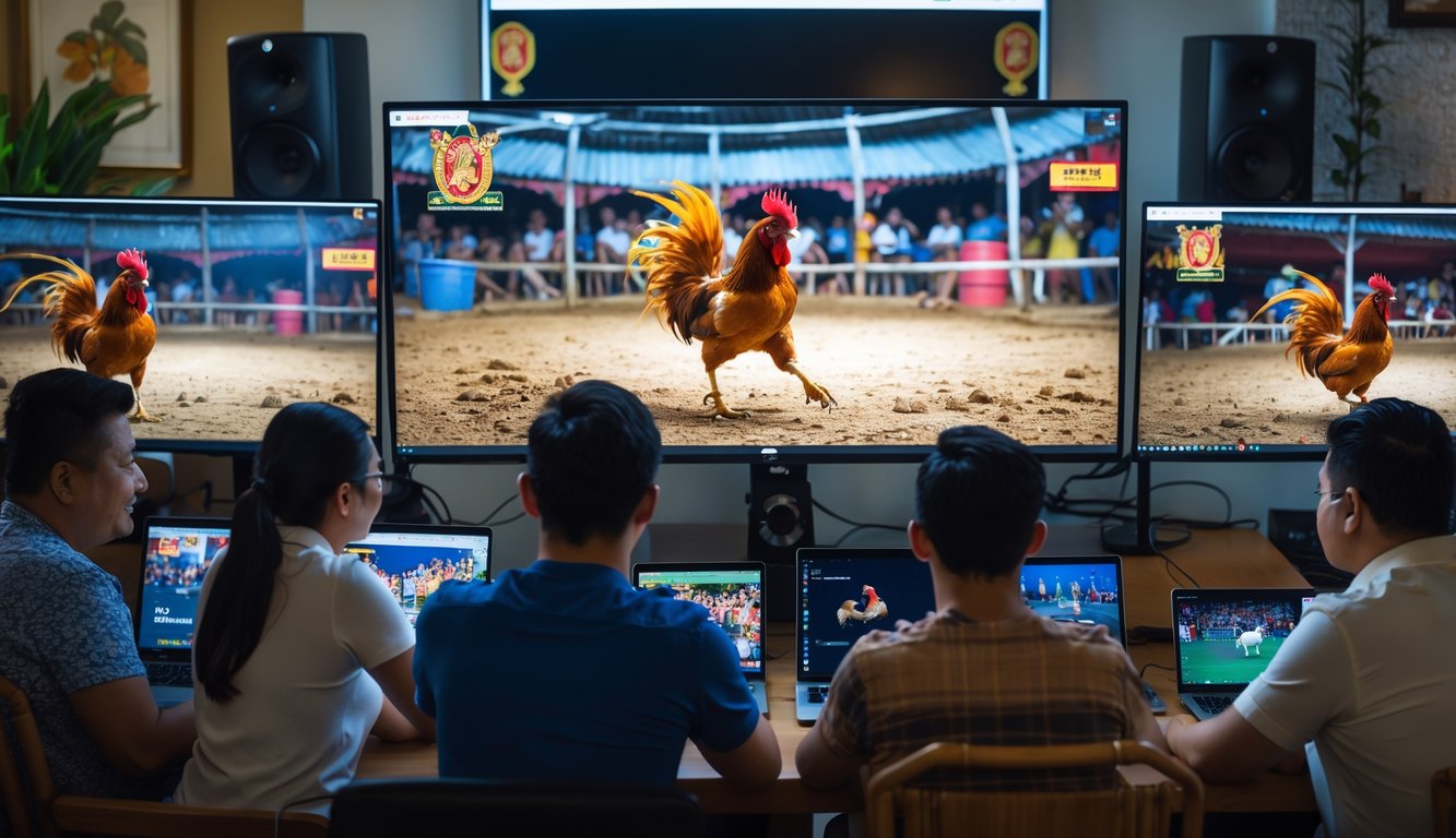 Beberapa orang menonton siaran langsung sabung ayam Filipina di layar komputer dalam ruangan dengan peralatan teknologi dan dekorasi tradisional.