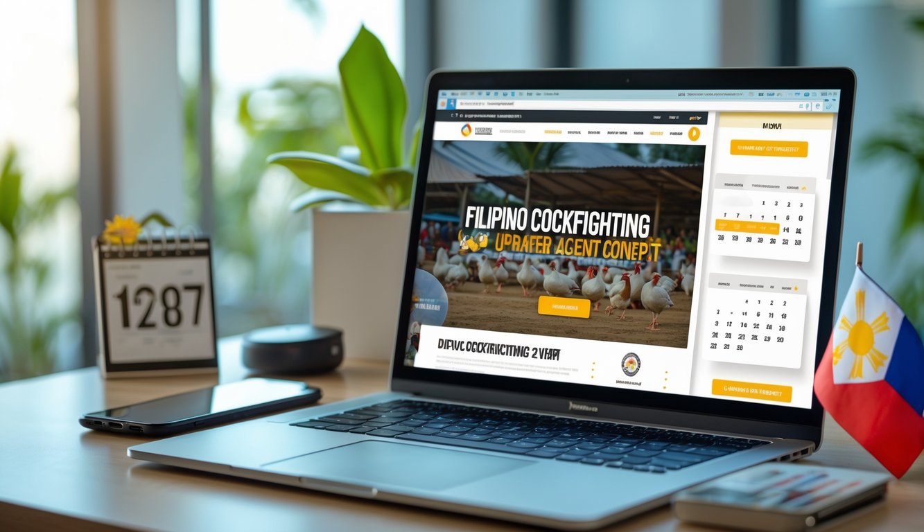 Seorang profesional bekerja di depan laptop dengan layar yang menampilkan jadwal acara sabung ayam Filipina, di meja terdapat kalender dan ponsel, dengan dekorasi budaya Filipina di latar belakang.