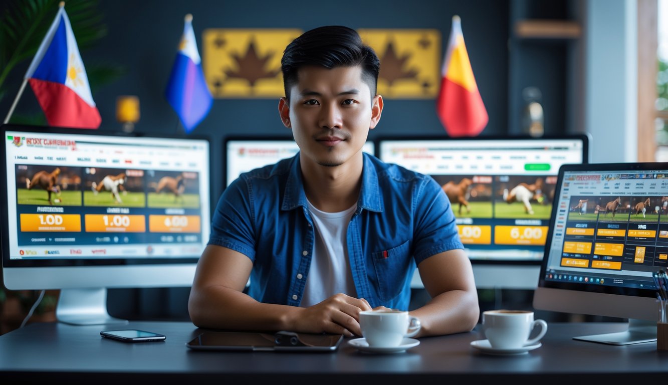 Seorang pria muda duduk di depan komputer dengan layar yang menampilkan pertandingan sabung ayam dan peluang taruhan, di sebuah ruangan dengan dekorasi khas Filipina.