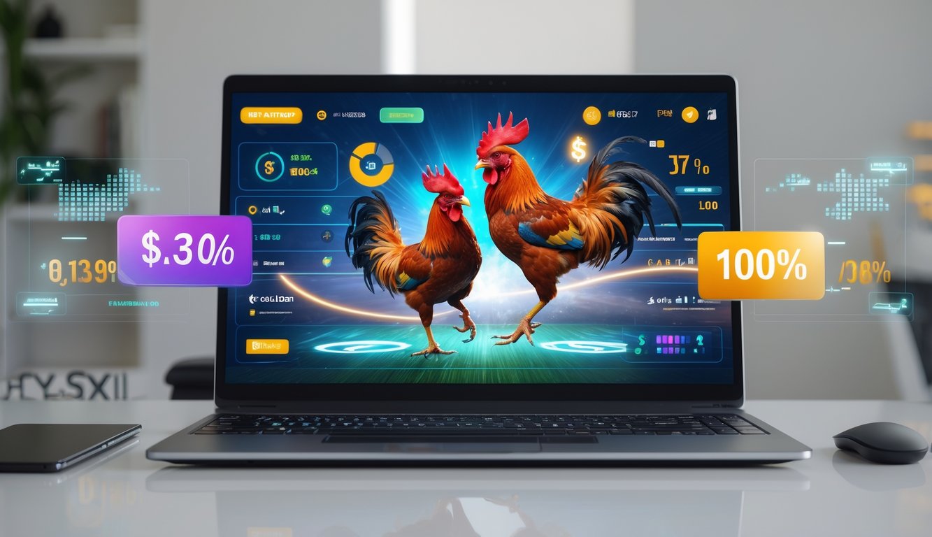 Seseorang menggunakan komputer dengan layar menampilkan permainan sabung ayam Filipina secara online, di ruangan yang terang dan rapi.