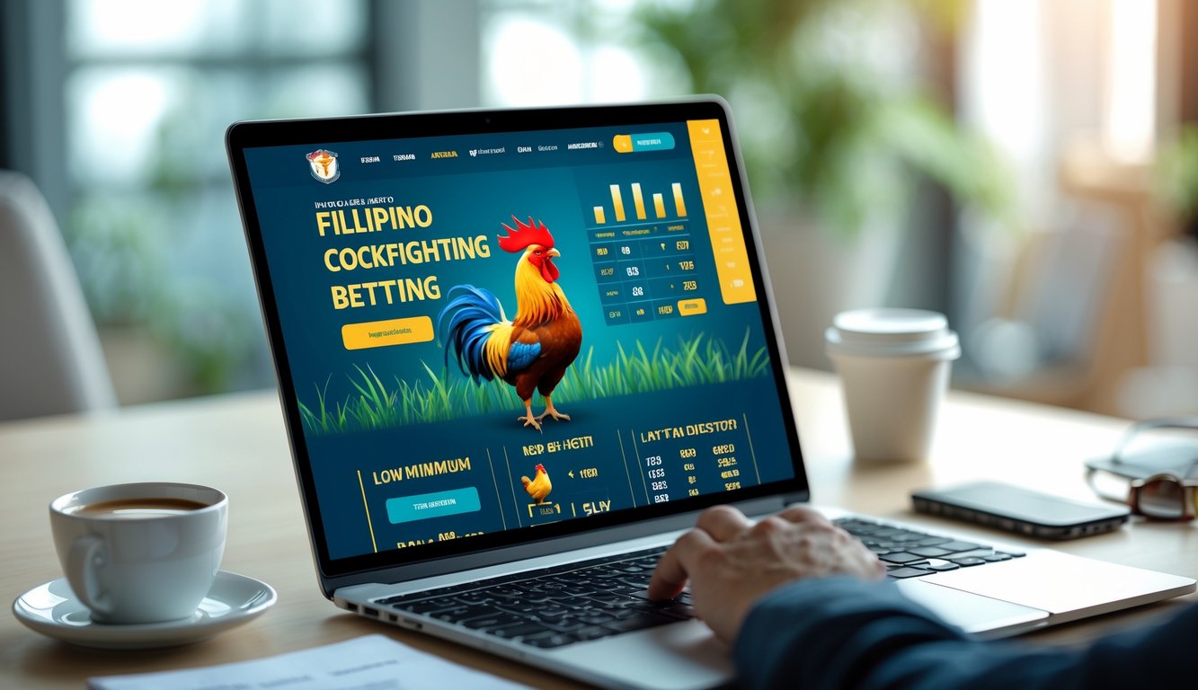 Seorang pengguna sedang melihat situs taruhan sabung ayam Filipina di laptop di meja kerja dengan latar belakang benda-benda seperti kopi dan ponsel.