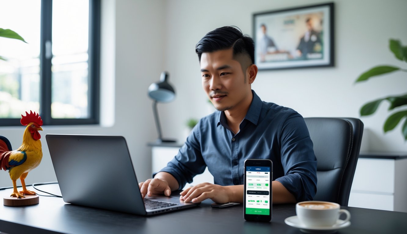 Seorang pria Asia Tenggara sedang menggunakan laptop di ruang kerja rumah yang modern dengan dekorasi minimalis dan sebuah patung ayam jago kecil di meja.