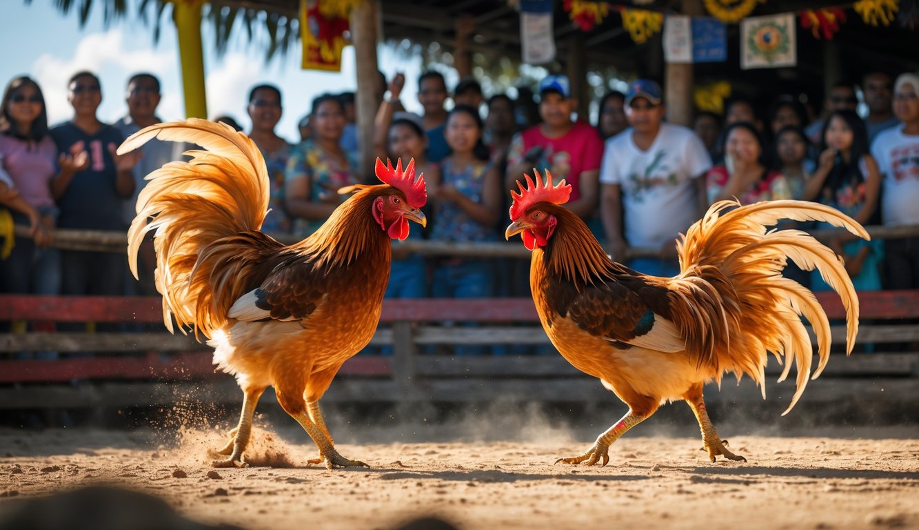 Suasana arena sabung ayam Filipina dengan dua ayam aduan sedang bertarung dan penonton yang antusias menyaksikan.