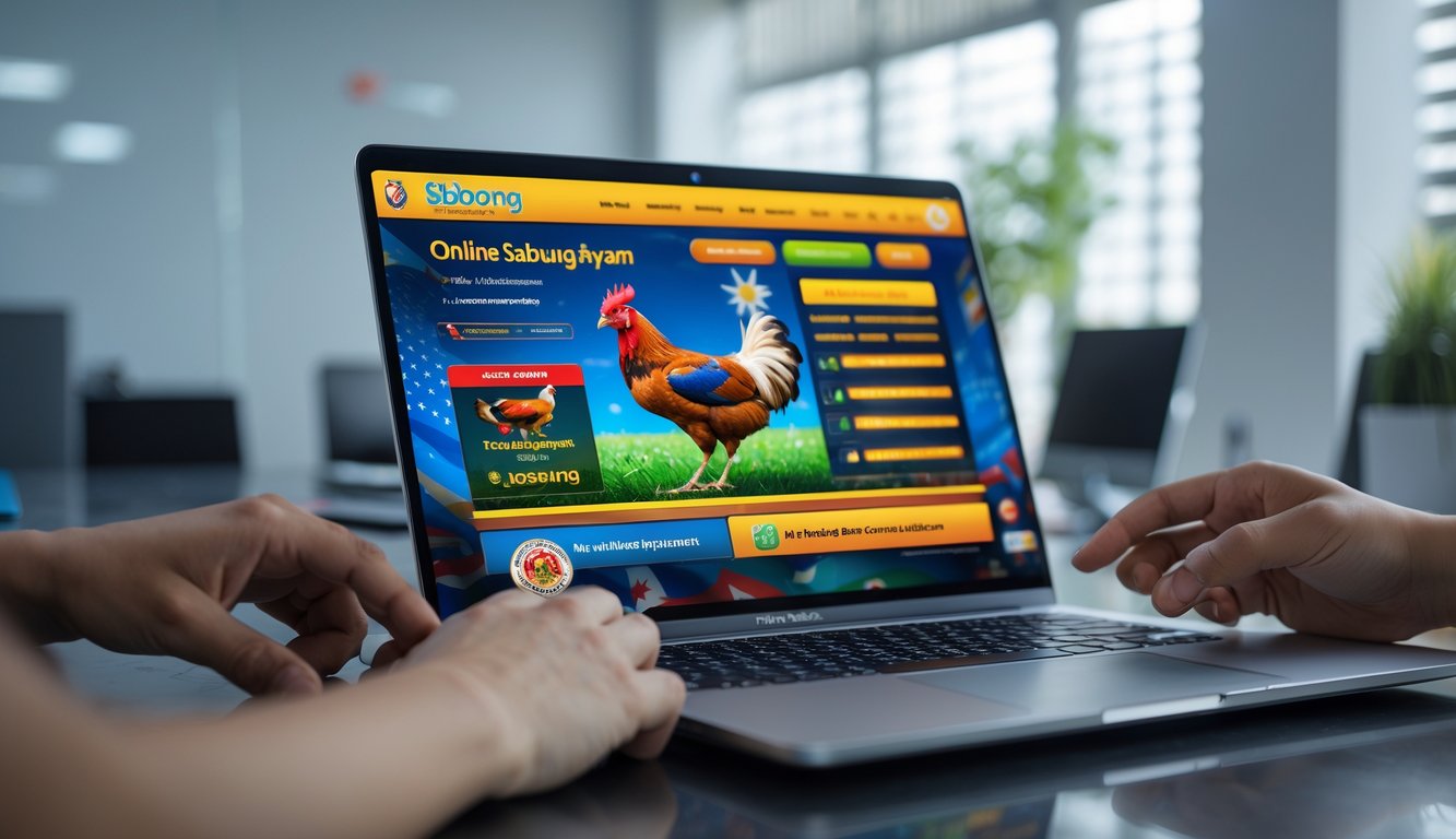 Sebuah laptop di meja kantor dengan layar menampilkan antarmuka permainan online sabung ayam, dikelilingi oleh tangan yang berinteraksi dengan perangkat tersebut.