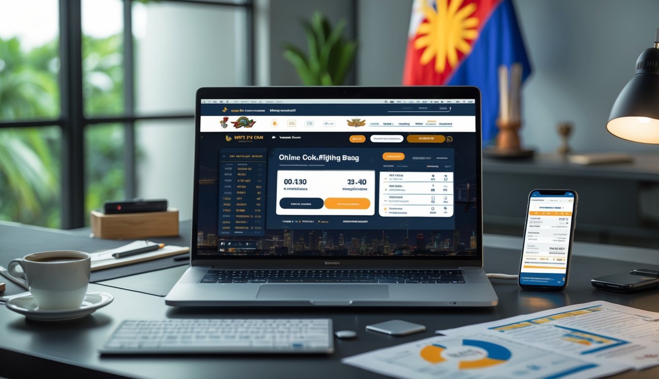Seseorang sedang bekerja di depan laptop dengan tampilan situs taruhan sabung ayam online, di meja terdapat ponsel, kopi, dan catatan dengan grafik.