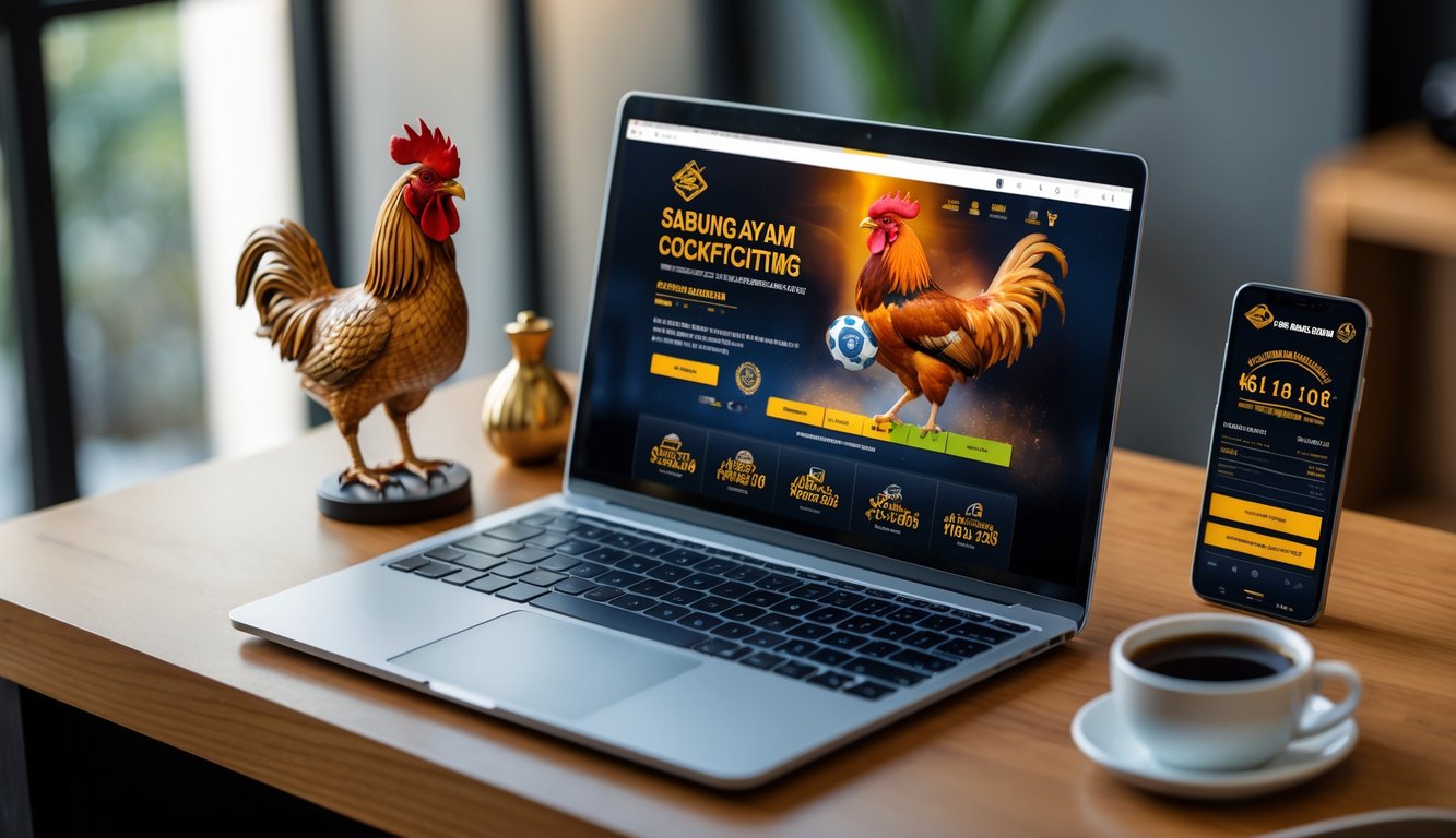 Meja kerja dengan laptop yang menampilkan situs taruhan sabung ayam Filipina, dihiasi dengan figur ayam jago kecil dan ponsel yang menunjukkan peluang taruhan.