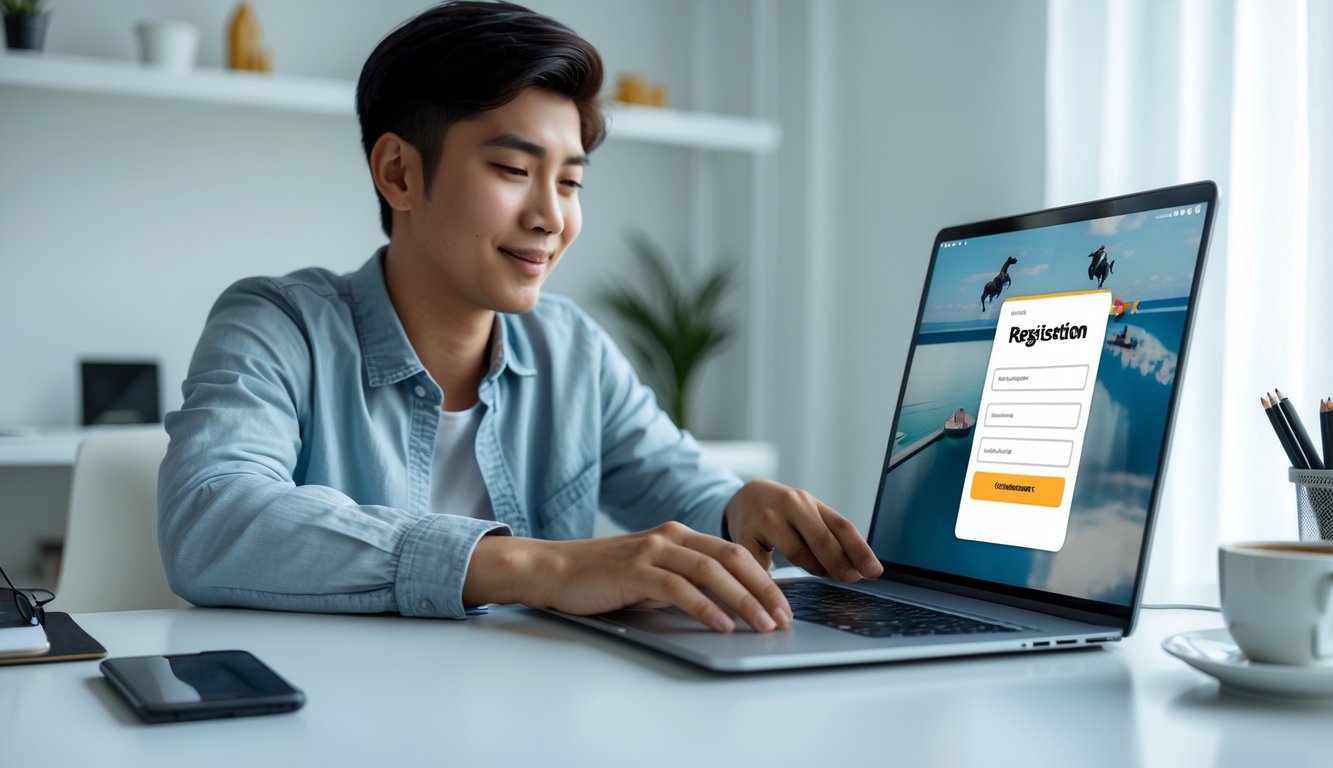 Seorang muda sedang duduk di meja dengan laptop, mendaftar secara online di sebuah ruangan terang dan rapi.