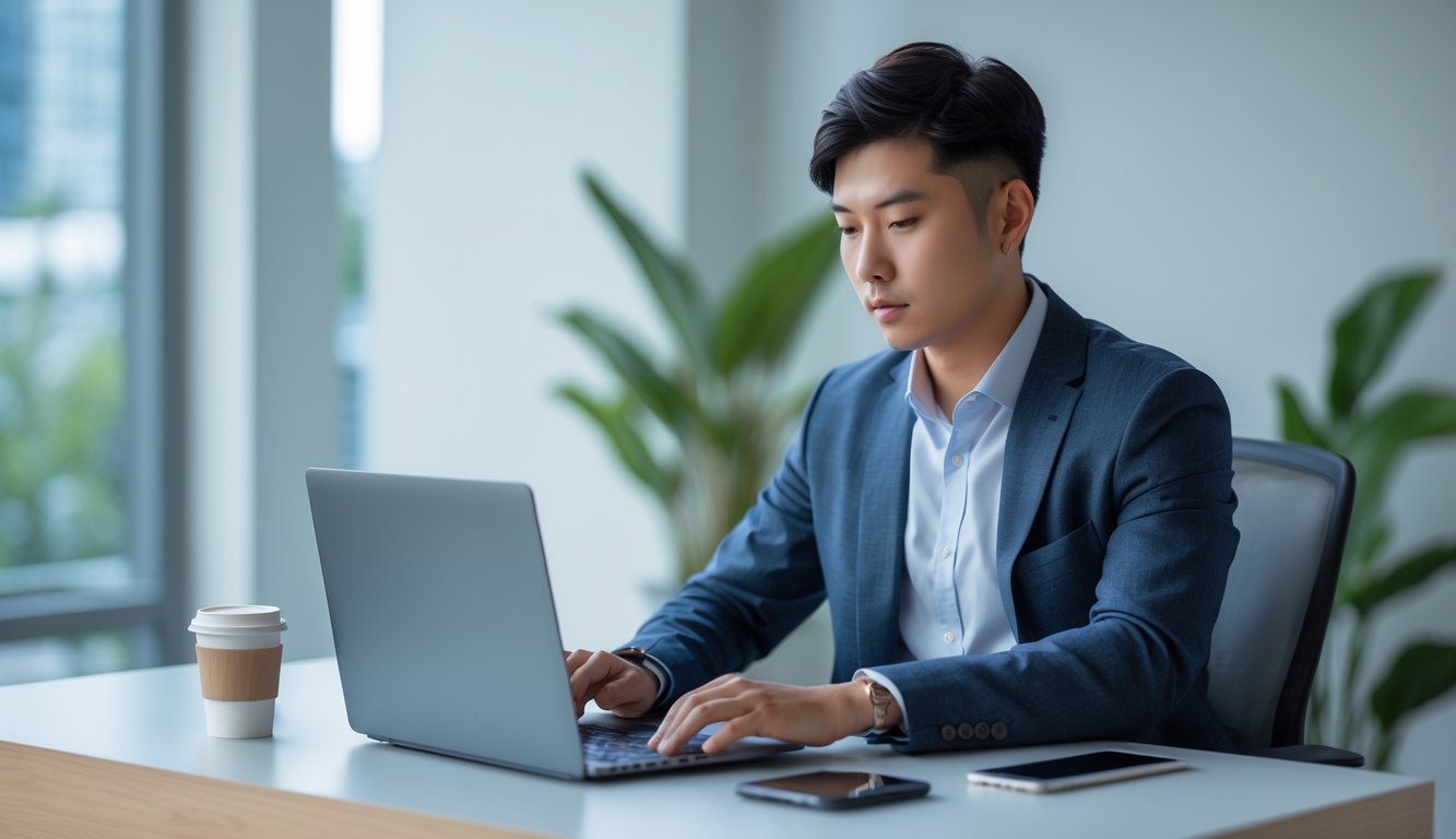 Seorang pria muda sedang mendaftar secara online menggunakan laptop di meja kerja dengan suasana kantor yang rapi dan pencahayaan alami.