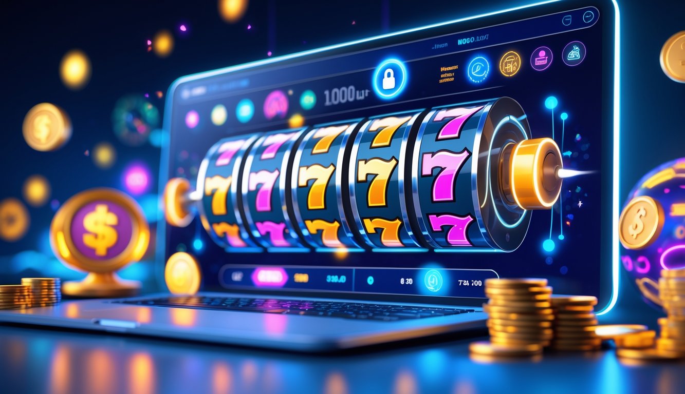 Layar perangkat digital menampilkan mesin slot 3D berwarna-warni dengan latar belakang yang menunjukkan suasana permainan online yang aman dan terpercaya.