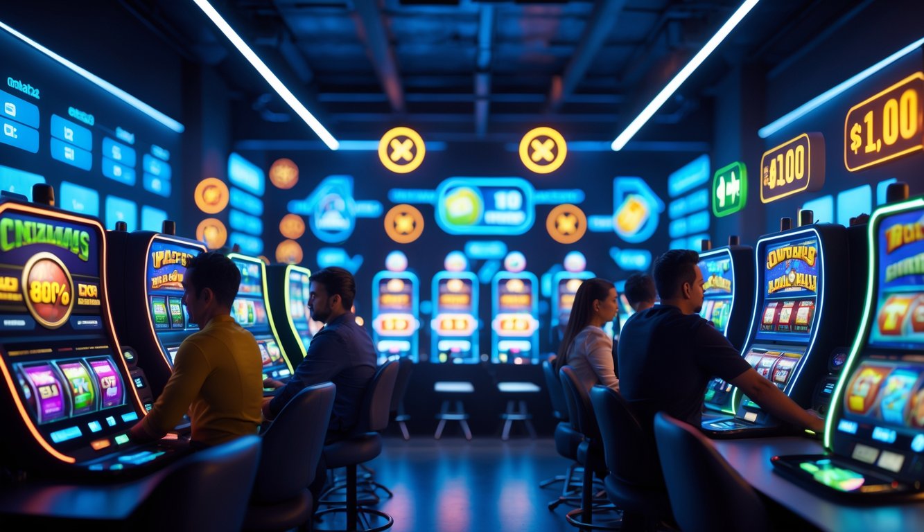 Orang-orang menggunakan komputer dengan tampilan permainan slot 3D berwarna-warni di layar dalam suasana ruang modern yang terang dan profesional.