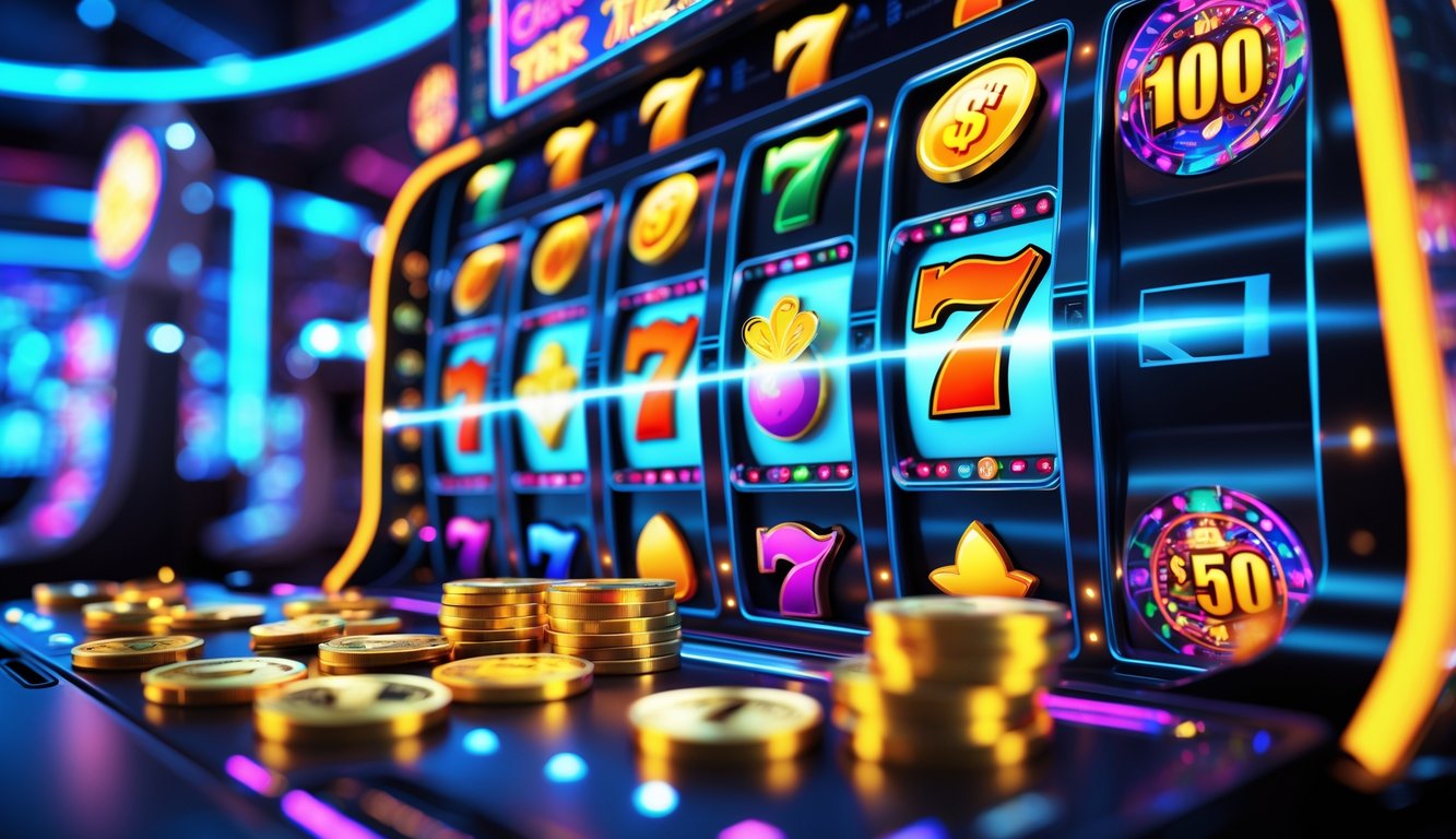 Gambaran mesin slot 3D berwarna-warni dengan latar kasino futuristik dan efek cahaya neon yang menarik.