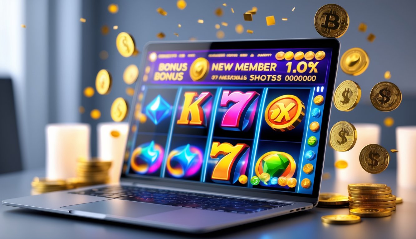 Layar komputer menampilkan permainan slot 3D dengan simbol berwarna cerah dan koin emas di sekitarnya, menunjukkan suasana permainan judi online yang menarik.