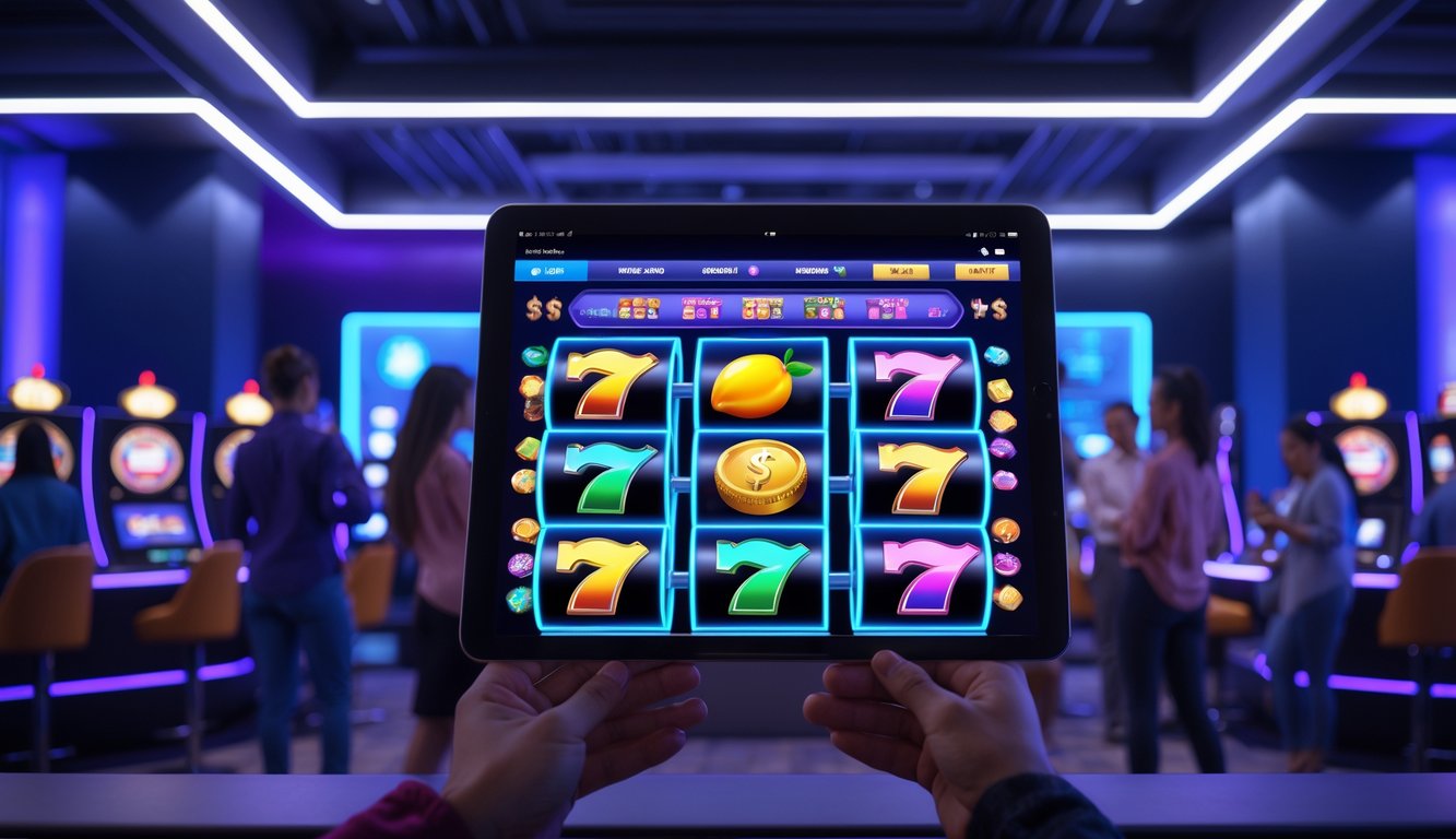 Orang-orang menggunakan perangkat digital untuk bermain mesin slot 3D di lingkungan kasino online yang modern dan berwarna-warni.