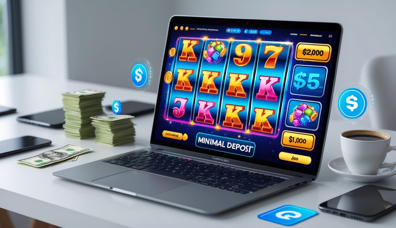 Seorang pengguna sedang bermain permainan slot 3D online di laptop dengan latar ruang kerja yang rapi dan alat pembayaran digital di dekatnya.