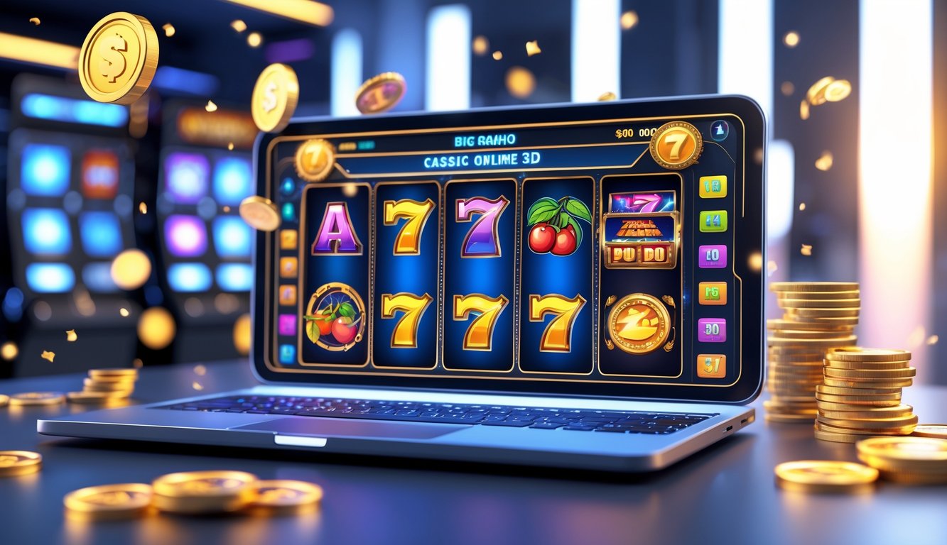 Layar komputer menampilkan permainan slot 3D online dengan simbol slot berwarna-warni dan koin berkilauan sebagai tanda jackpot besar.
