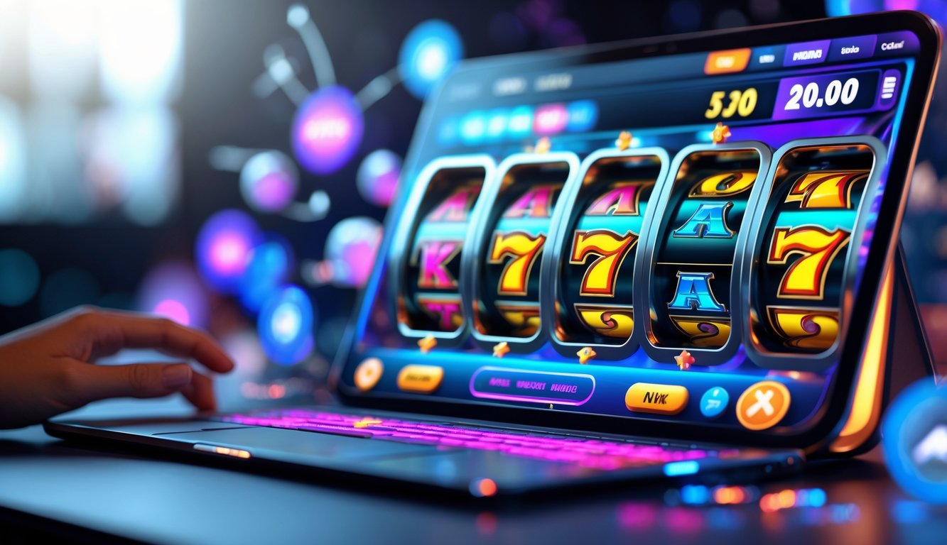 Seseorang menggunakan perangkat digital yang menampilkan permainan slot 3D dengan grafik warna-warni dan simbol kemenangan.