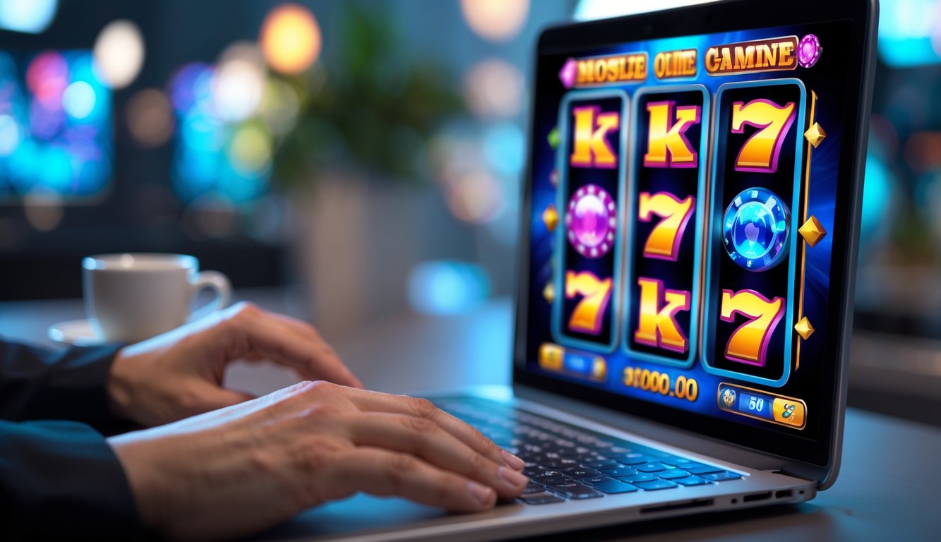 Seorang pemain sedang menggunakan komputer untuk bermain mesin slot 3D online dengan tampilan grafis warna-warni.