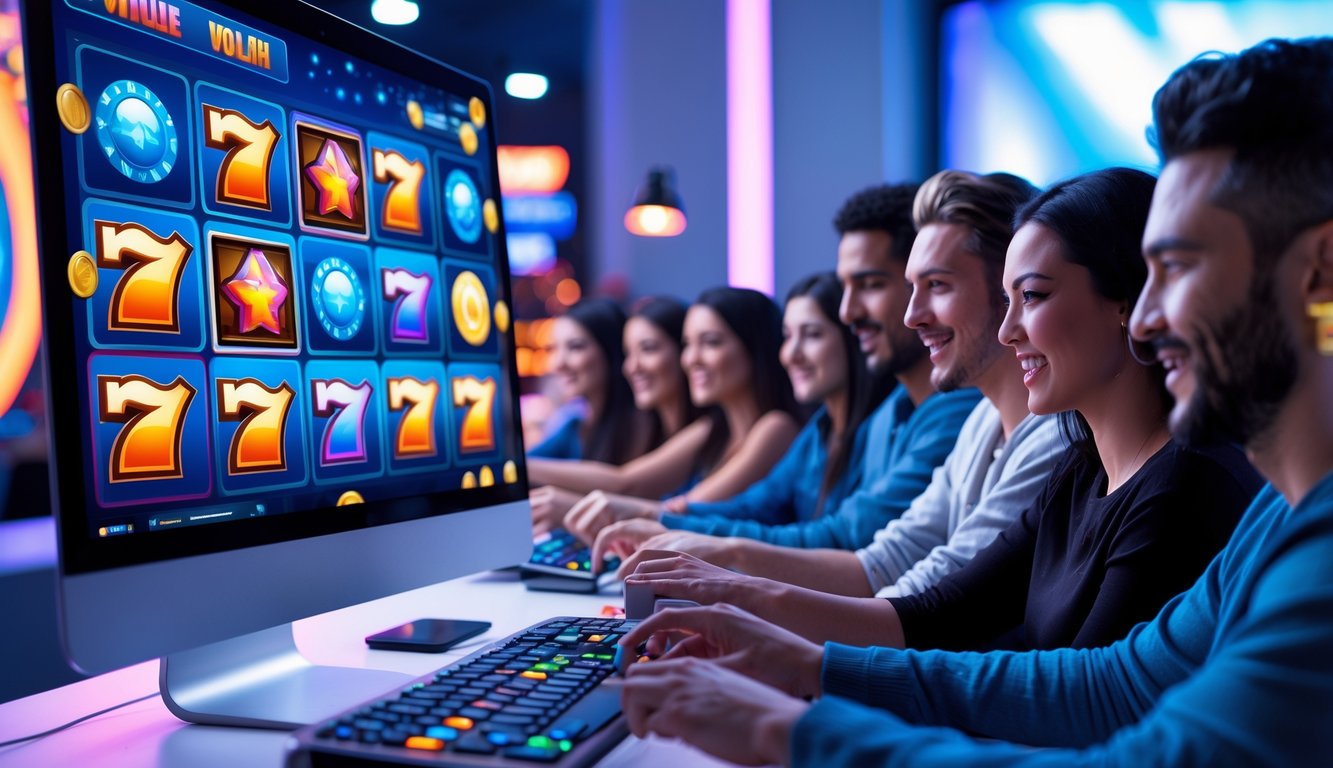 Orang-orang bermain game slot 3D secara online di komputer dengan suasana modern dan pencahayaan yang menarik.