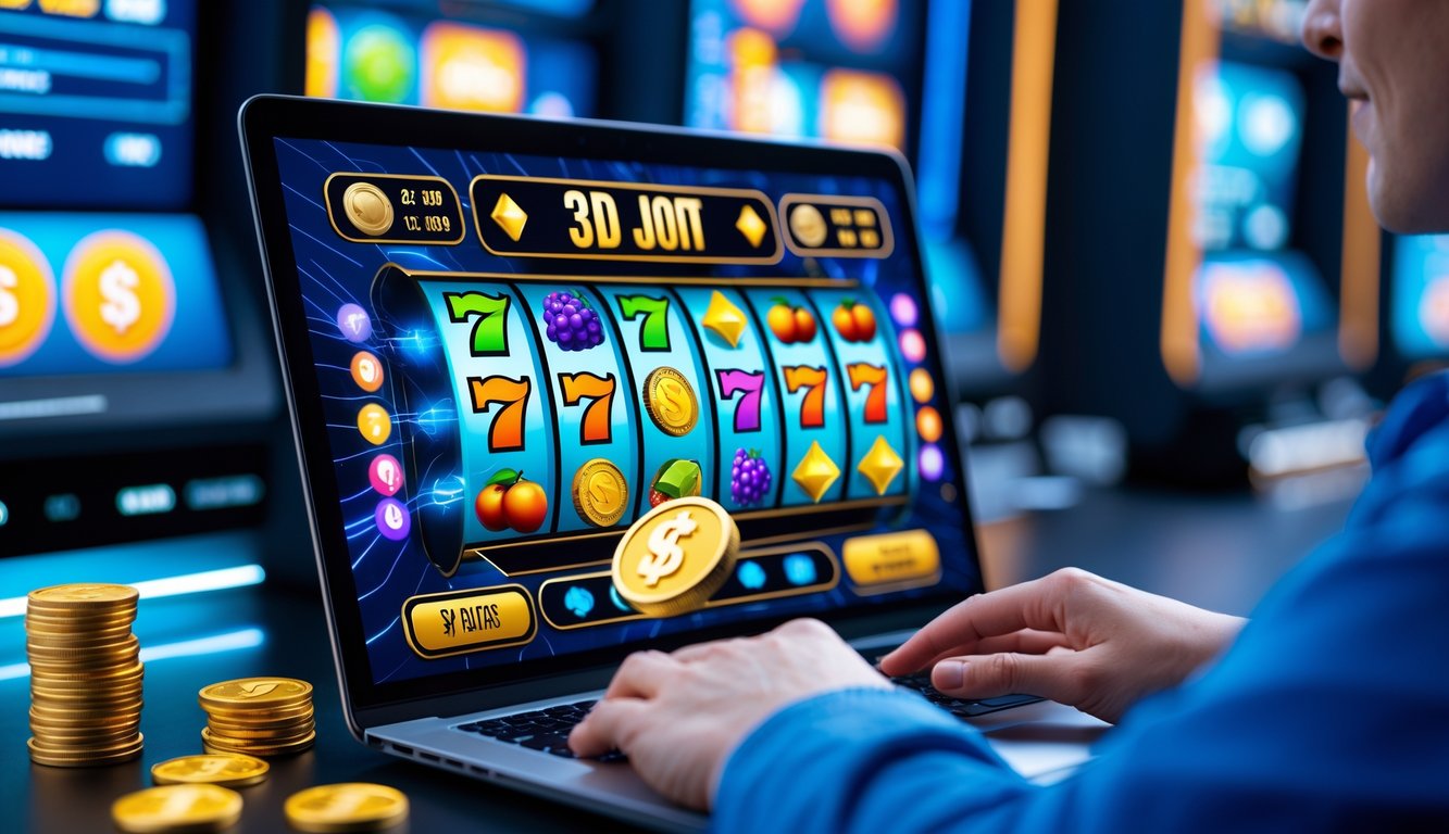 Seseorang menggunakan laptop untuk bermain mesin slot 3D online dengan latar belakang simbol keamanan dan kecepatan.