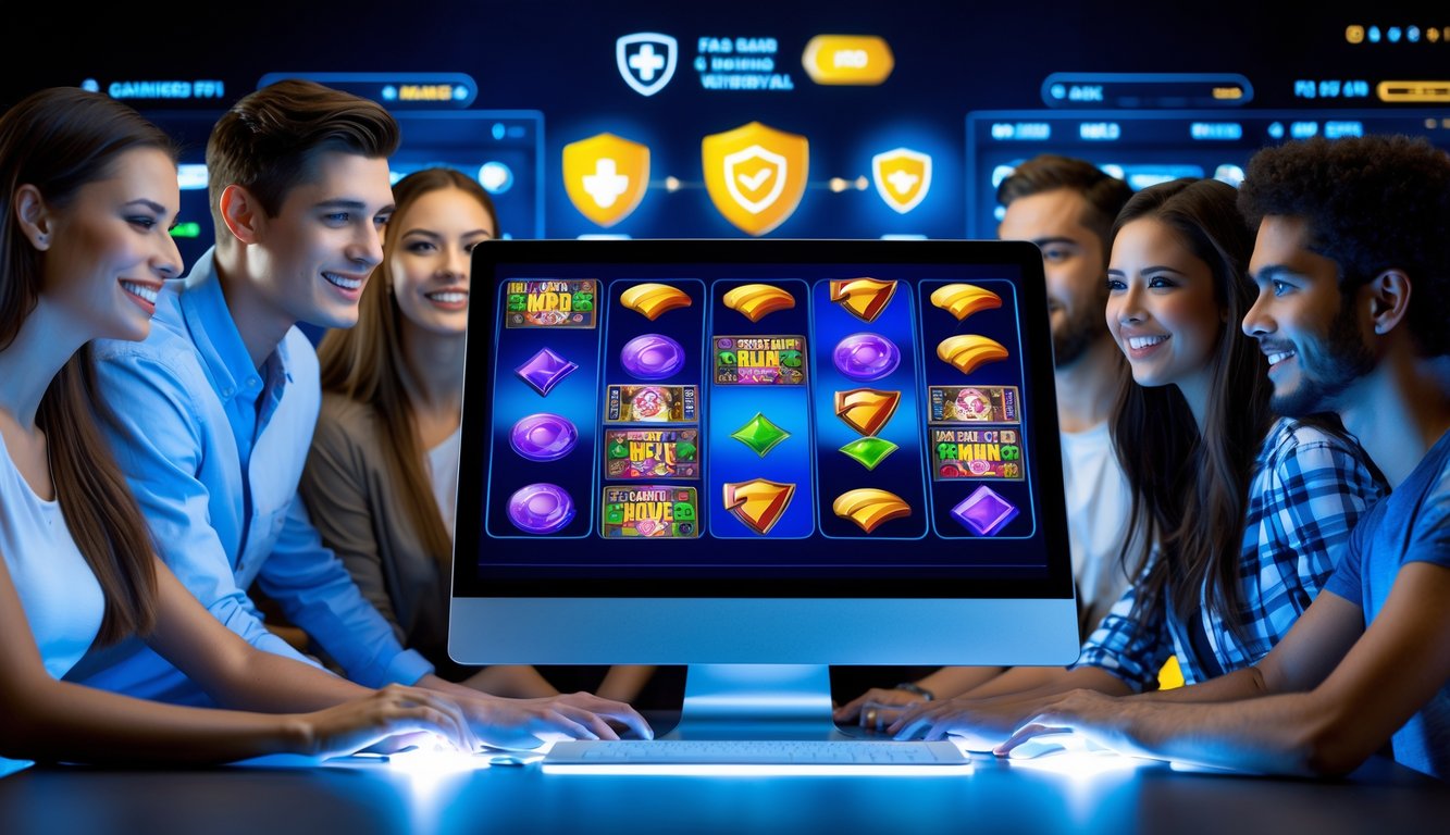 Sekelompok orang muda bermain permainan slot 3D di komputer dengan tampilan antarmuka digital yang menunjukkan proses penarikan dana yang cepat dan aman.