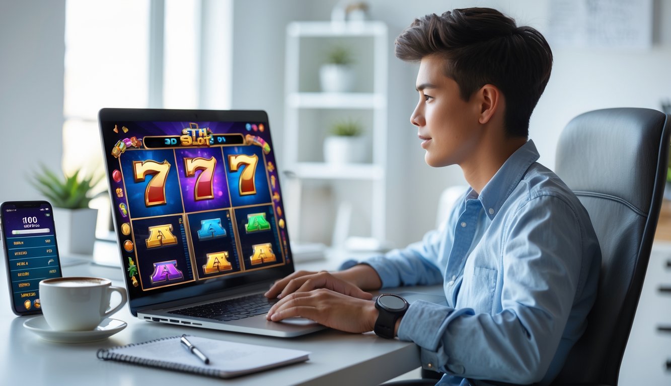 Seorang pemula yang fokus bermain permainan slot 3D online di laptop di ruang kerja rumah yang terang dan rapi.