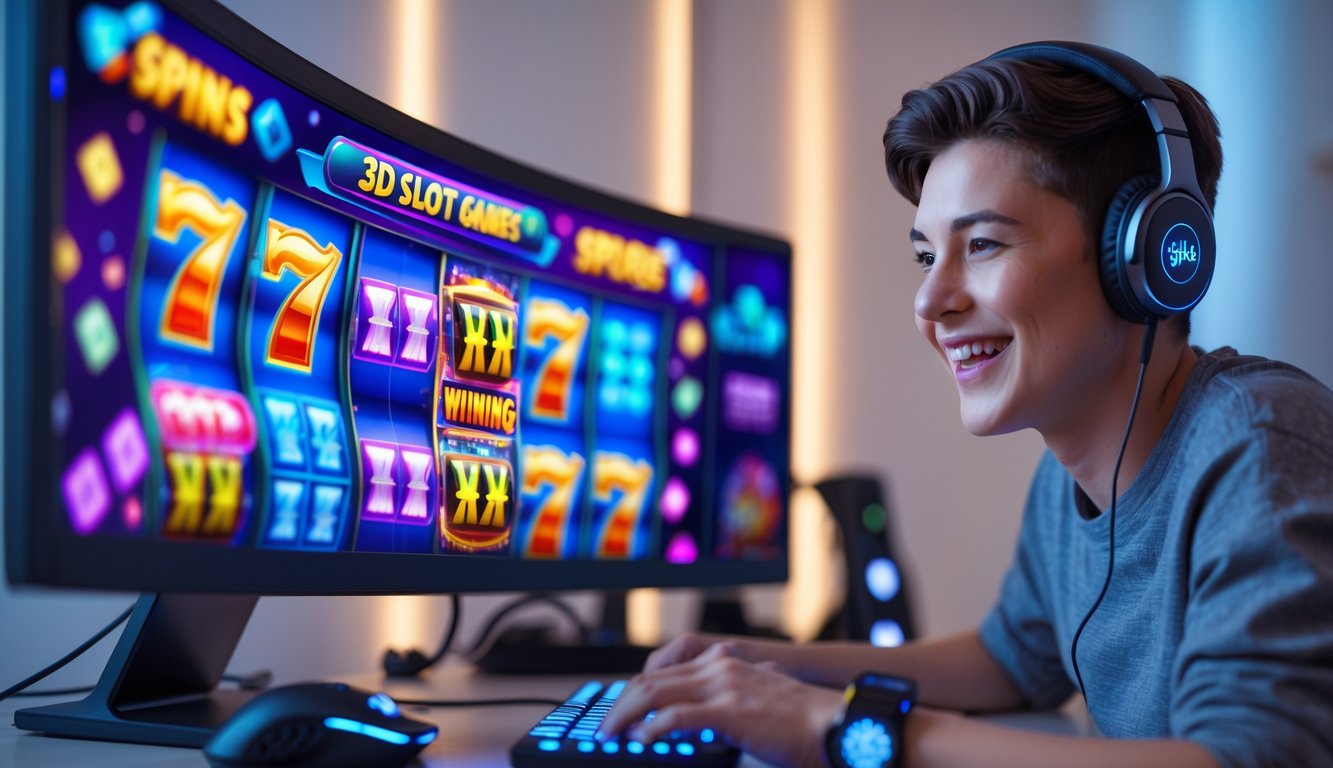 Seorang pemain muda sedang bermain mesin slot 3D di komputer dengan ekspresi senang di ruang kerja modern.