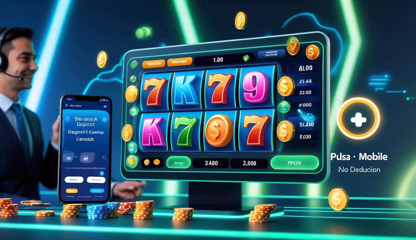 Tampilan antarmuka permainan slot 3D online dengan agen layanan pelanggan dan ilustrasi transaksi deposit pulsa tanpa potongan.