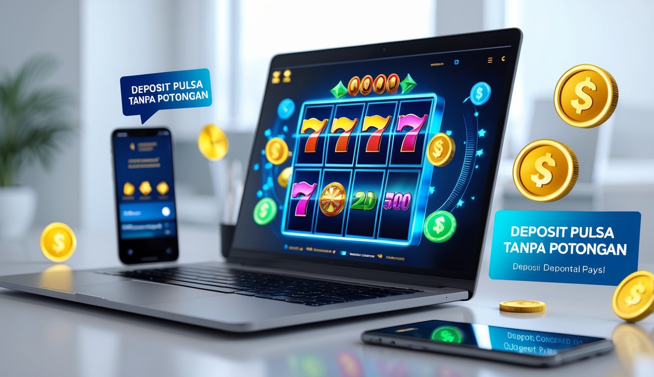 Seseorang menggunakan komputer dengan layar menampilkan permainan slot 3D berwarna-warni dan elemen transaksi online di sekitarnya.