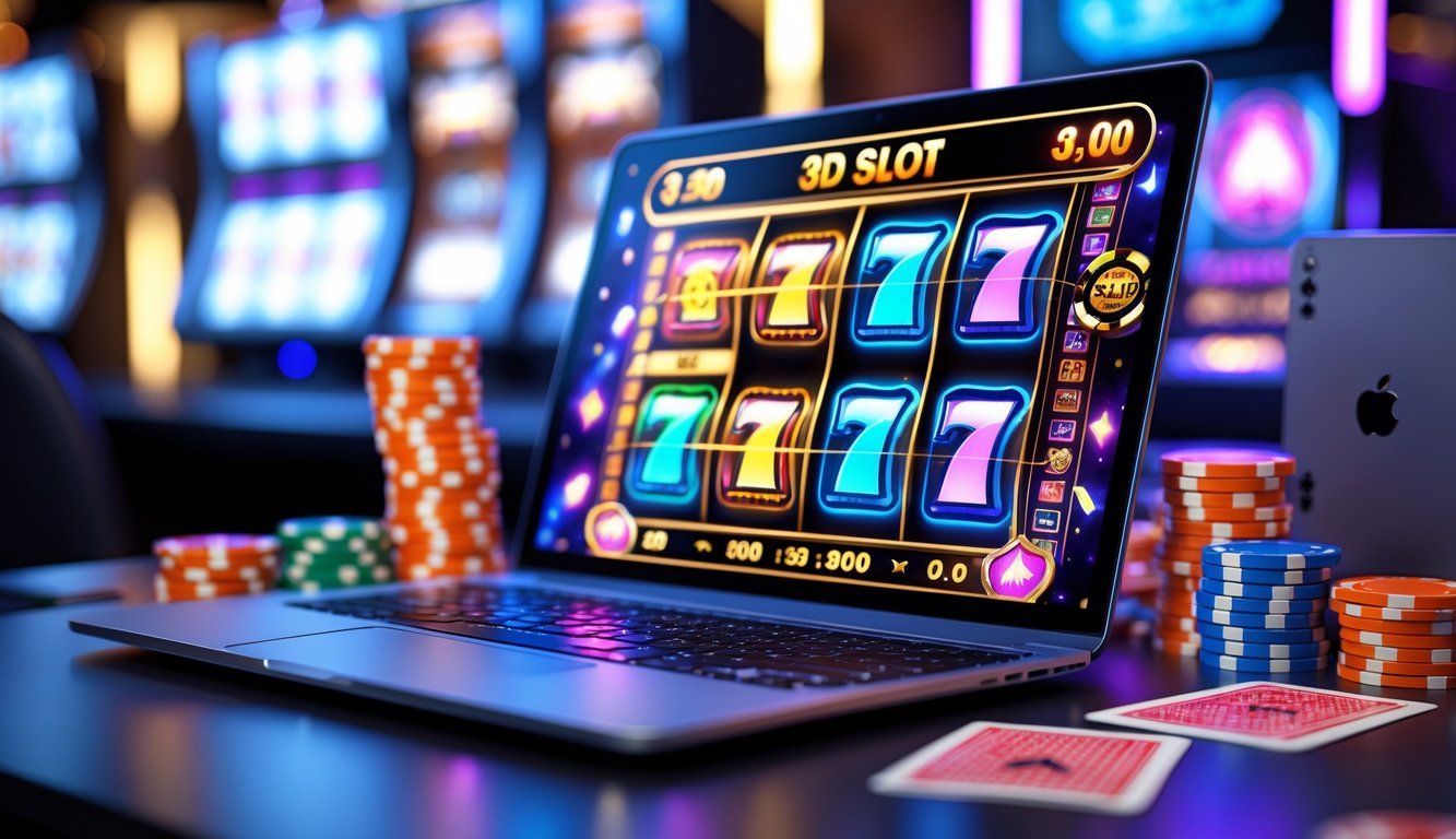 Sebuah meja dengan komputer menampilkan permainan slot 3D berwarna-warni dan beberapa chip poker di sekitarnya.