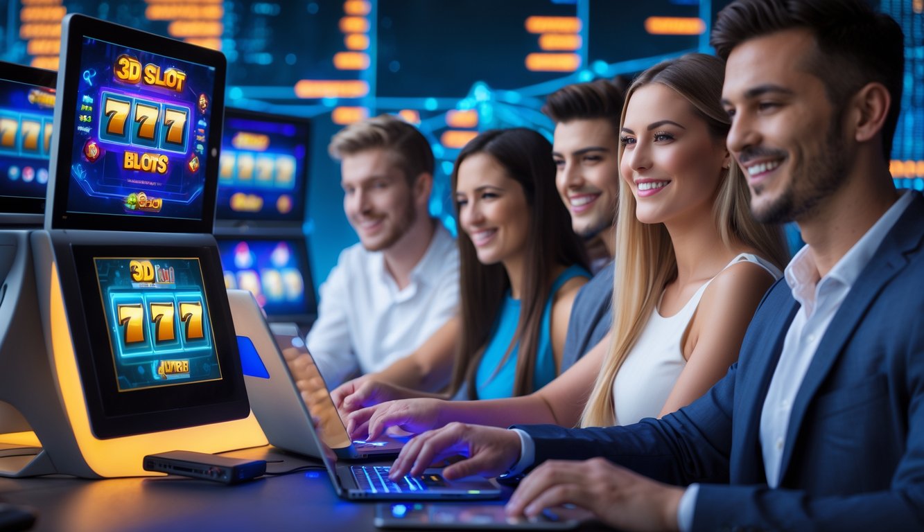 Sekelompok orang muda sedang bermain mesin slot 3D secara online dengan latar belakang teknologi digital yang modern dan cerah.