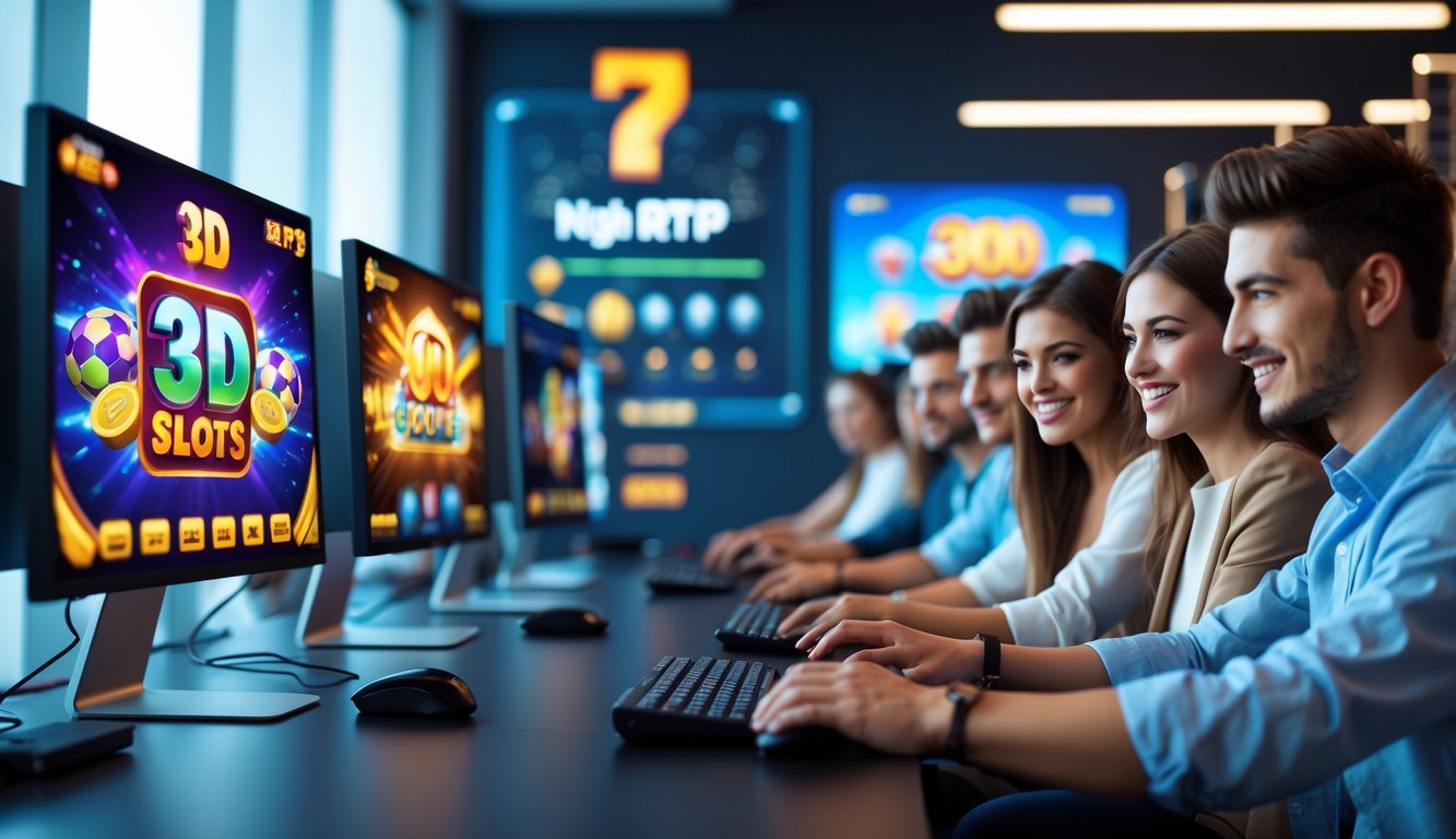 Orang-orang muda yang tersenyum sedang bermain permainan slot 3D di komputer dalam lingkungan kerja yang modern dan terang.