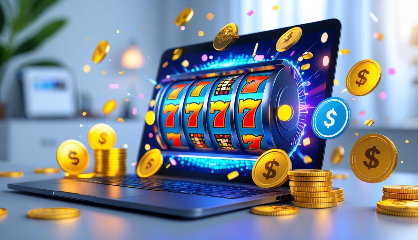 Layar komputer menampilkan permainan slot 3D berwarna-warni dengan koin digital dan dekorasi perayaan di sekitar meja kerja.