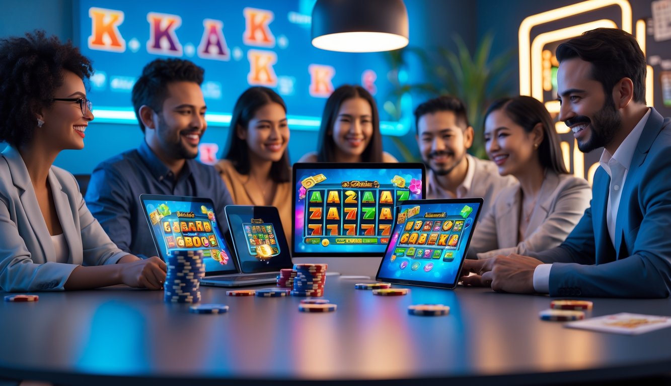 Beberapa orang dewasa duduk bersama menggunakan perangkat digital yang menampilkan permainan slot 3D di lingkungan yang modern dan terang.