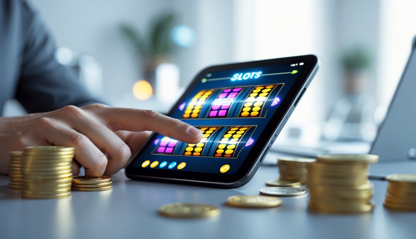 Seseorang menggunakan ponsel dengan tampilan permainan mesin slot 3D yang berwarna-warni di lingkungan rumah atau kantor yang modern.