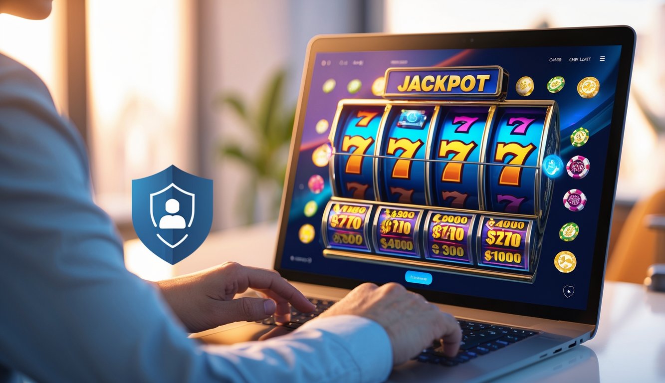 Seseorang menggunakan laptop dengan tampilan permainan slot 3D berwarna-warni dan indikator jackpot progresif di layar.