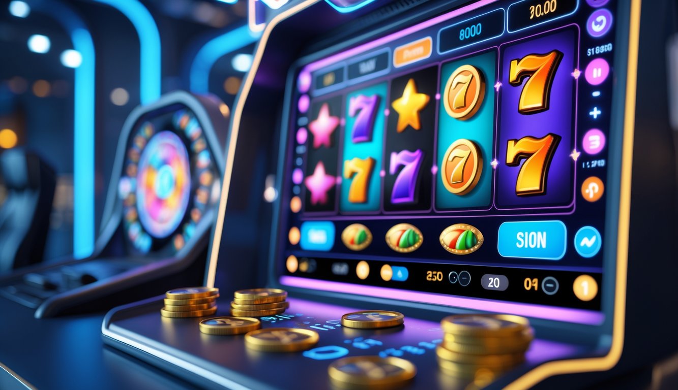 Antarmuka permainan slot 3D online dengan simbol warna-warni dan latar belakang lounge permainan futuristik.