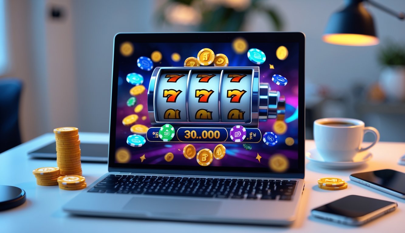Seorang pengguna sedang bermain mesin slot 3D secara online di laptop dengan latar belakang ruang kerja yang rapi dan terang.