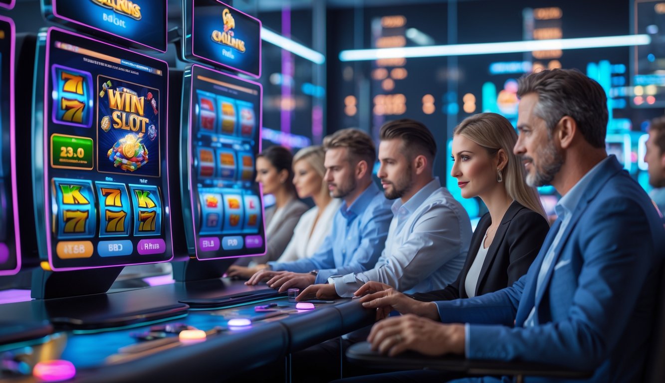 Beberapa orang dewasa bermain mesin slot 3D online di sebuah ruang permainan modern dengan layar yang menampilkan grafik permainan berwarna-warni.