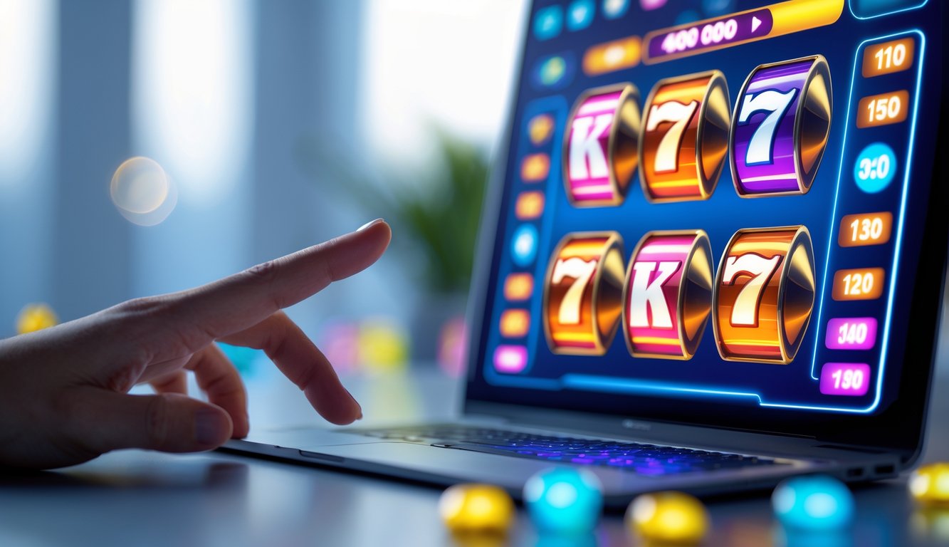 Seseorang menggunakan perangkat digital dengan tampilan permainan slot 3D yang berwarna-warni dan cerah.