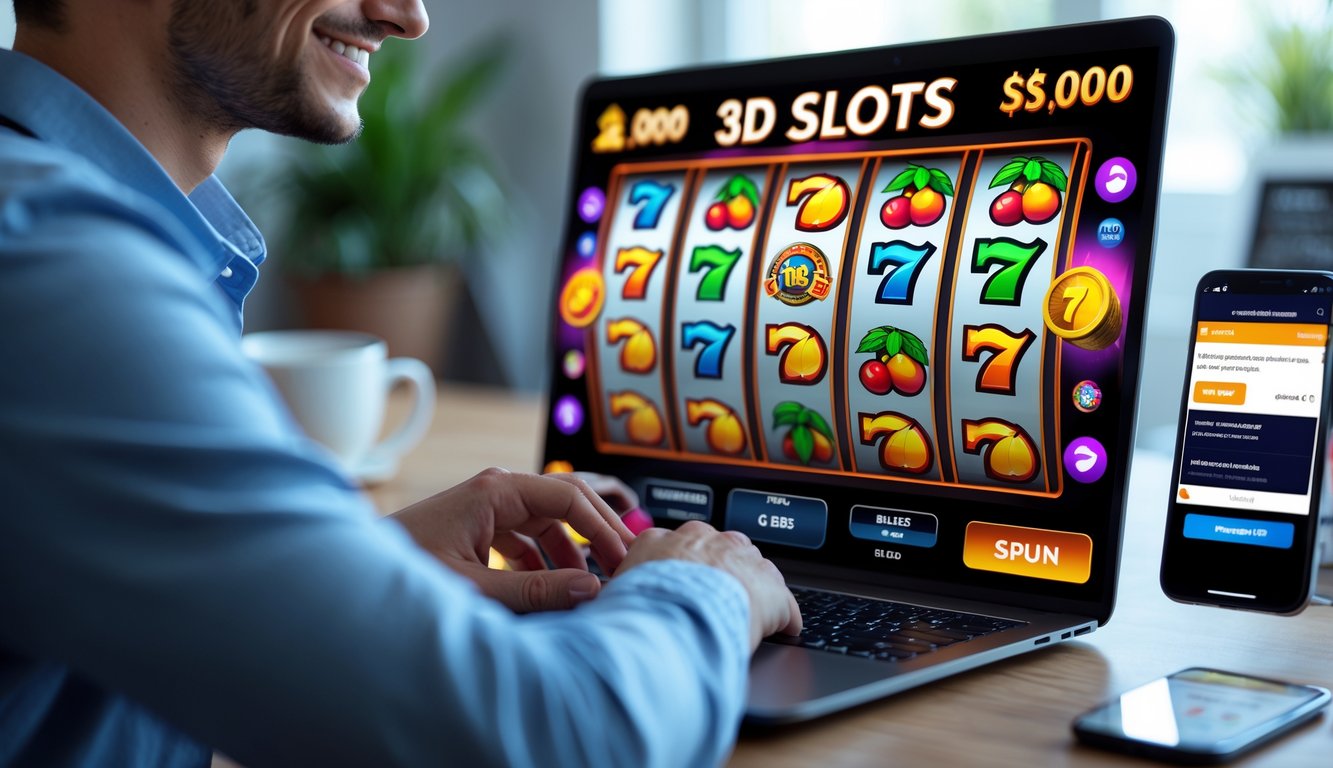 Seseorang bermain permainan slot 3D di komputer dengan ekspresi puas di ruang kerja modern.