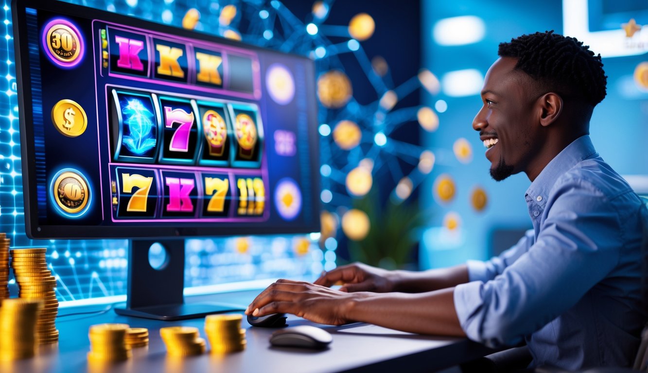 Seseorang duduk di depan komputer yang menampilkan permainan slot 3D warna-warni dengan latar belakang elemen digital terkait taruhan online.