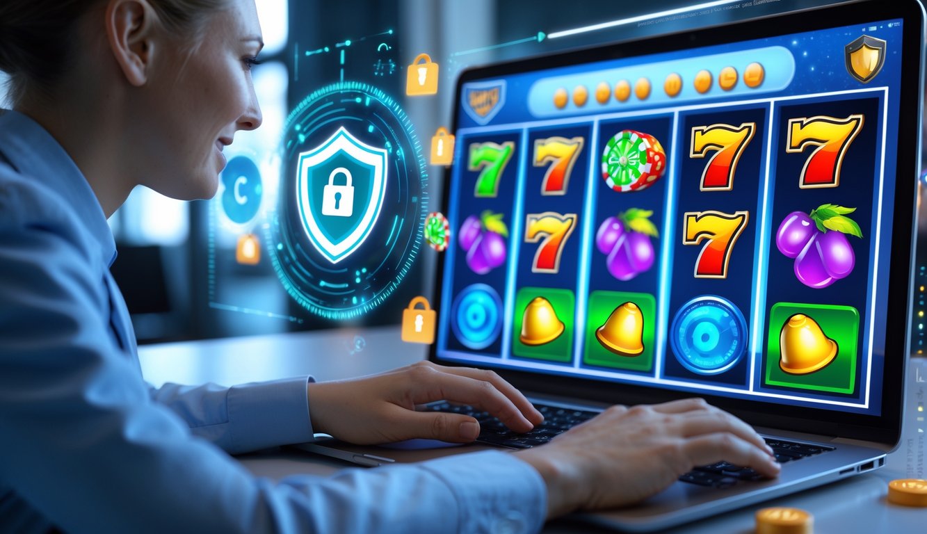 Seseorang menggunakan komputer dengan tampilan mesin slot 3D online yang berwarna-warni dan ikon keamanan digital di latar belakang.