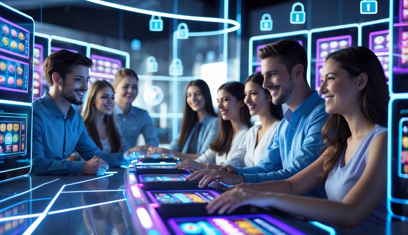 Sekelompok orang muda sedang menggunakan mesin slot 3D di lingkungan digital yang modern dengan ikon keamanan terlihat di latar belakang.