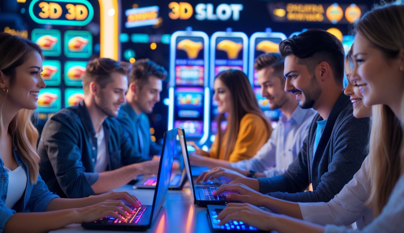 Sekelompok orang muda menggunakan laptop dan ponsel untuk bermain permainan slot 3D online di lingkungan yang cerah dan modern.